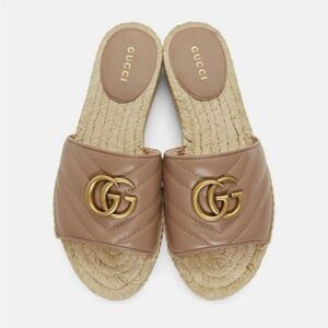 Gucci Tan Espadrille Slides with Gold Logo Size 36